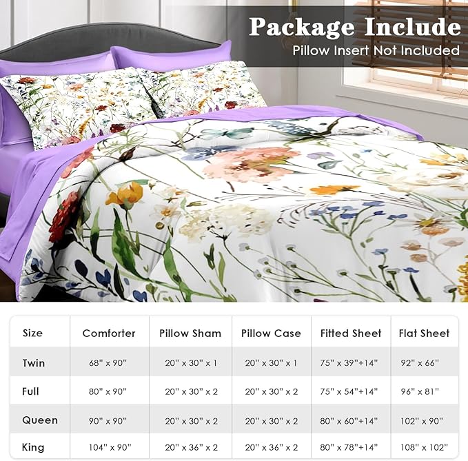 Comforter Set Full Size, Wildflower Floral 7 Pcs Bedding for Kids and Adults, Boho Red Rose Butterfly Bed Sheet Sets with Fitted Sheet 2 Pillowcases & 2 Shams for Bedroom Bed Decor