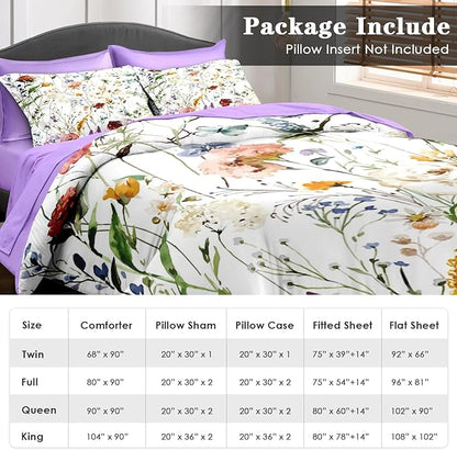 Comforter Set King Size, Wildflower Floral 7 Pcs Bedding for Kids and Adults, Boho Red Rose Butterfly Bed Sheet Sets with Fitted Sheet 2 Pillowcases & 2 Shams for Bedroom Bed Decor
