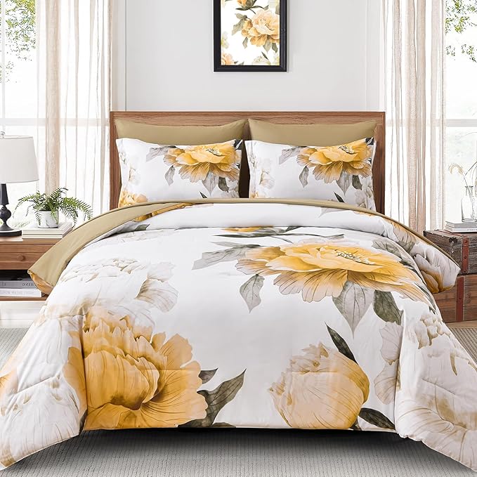 Dobuyly Yellow King Size Comforter Set 7 Piece Bed in a Bag, Yellow Floral Comforter Set with Sheets, Soft Microfiber Botanical Complete Bedding Set for All Season