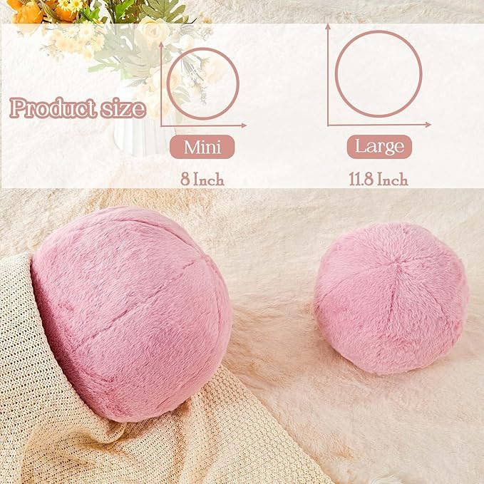 Uvvyui Dusty Pink Ball Pillow, 8" Cute Mini Round Throw Pillow Faux Rabbit Fur Room Decorative Throw Pillow, Ball Shaped Pillow Plush Cushion for Couch, Sofa, Bedroom