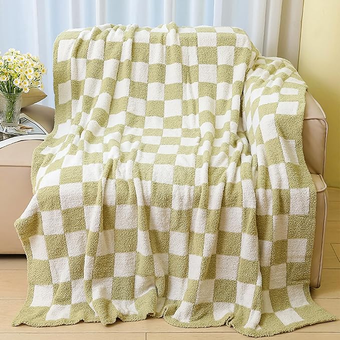 MorroMorn Checkered Blanket for Couch Bed Sofa Chair, Green Throw Blanket 2-Layers Soft Cozy Fleece Plaid Blankets Checkerboard Grid - Fluffy Fuzzy Plush Warm Home Decor, 60x80 inches