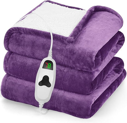 greenoak Heated Blanket Electric Throw 50"X60", Heating Blankets with 10 Heat Levels 8 Hours Auto-Off, Soft Flannel Sherpa Fluffy House Warming Gifts for Grandma Seniors Momt,Wisteria