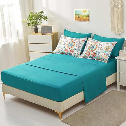 Boho Comforter Set Twin - 5 Pieces Bed in a Bag Floral Medallions Design, Bohemian Comforter Set with Sheets, Soft Microfiber Complete Bedding Sets All Season (Teal Blue, Twin)