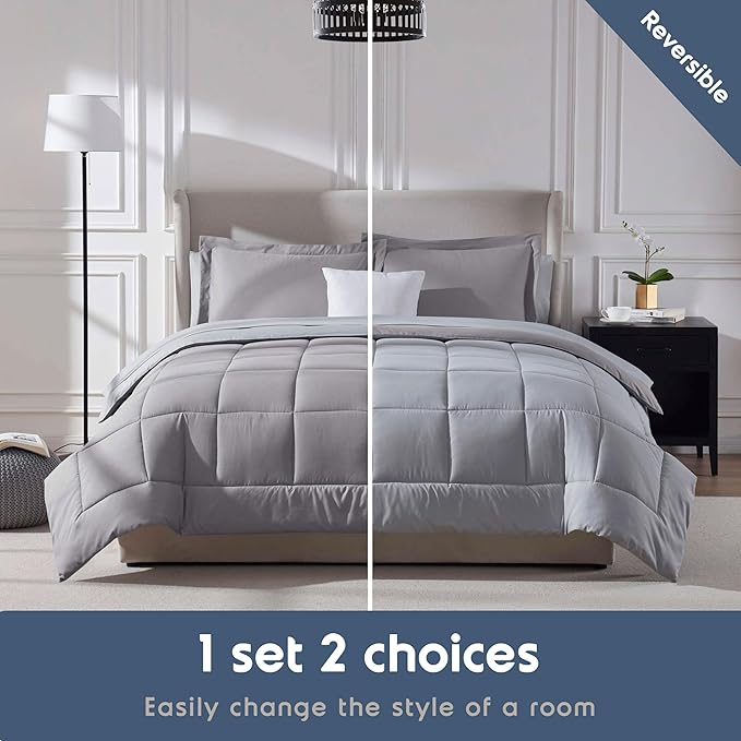 Nestl 7 Piece California King Comforter Set – Grey Lavender Reversible Bed in a Bag – Complete Cal King Size Bedding Set with Sheets, Pillowcases and Shams