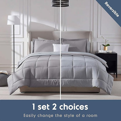 Nestl 7 Piece Queen Comforter Set – Grey Lavender Reversible Bed in a Bag – Complete Queen Size Bedding Set with Sheets, Pillowcases and Shams