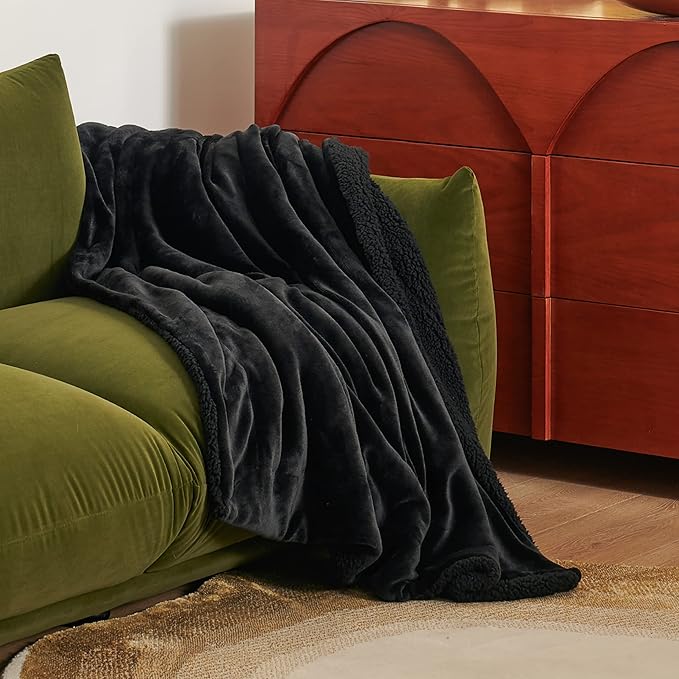 Bedsure GentleSoft Sherpa Fleece Throw Blanket for Couch - Thick and Warm Throw for Women and Men, Soft Fuzzy Plush Throw Blanket for Winter, Non-Heated, Black, 50x60 Inches