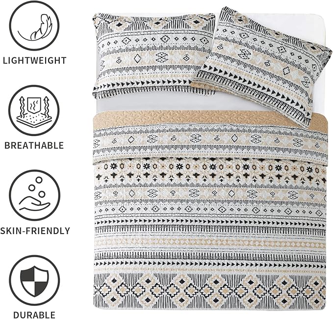 BEDIFANY Boho Quilt King Size Set, Lightweight Bedspread King Size Stripe Boho King Quilt, Quilt Bedding Set for Bed Decoration, All-Season Coverlet Set, 3 Pieces