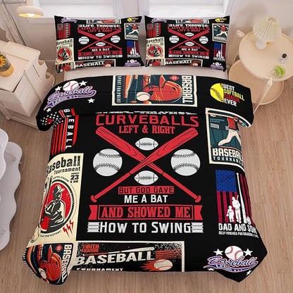 NINENINE Baseball Bedding Sports Bedding Set for Boys Kids,Queen Size Comforter Sets for Boys,Black Retro Comforter Set with 1 Comforter 2 Pillowcases…