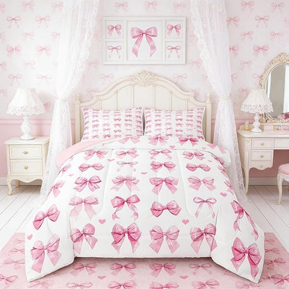 Castle Fairy Bow Bedding Sets King Size Girls Pink Bow Room Decor Coquette Style Bowknot Bedroom Decor for Kids Teens Woman Pink Watercolor Quilted Duvet Bed in a Bag 2 Pillowcase