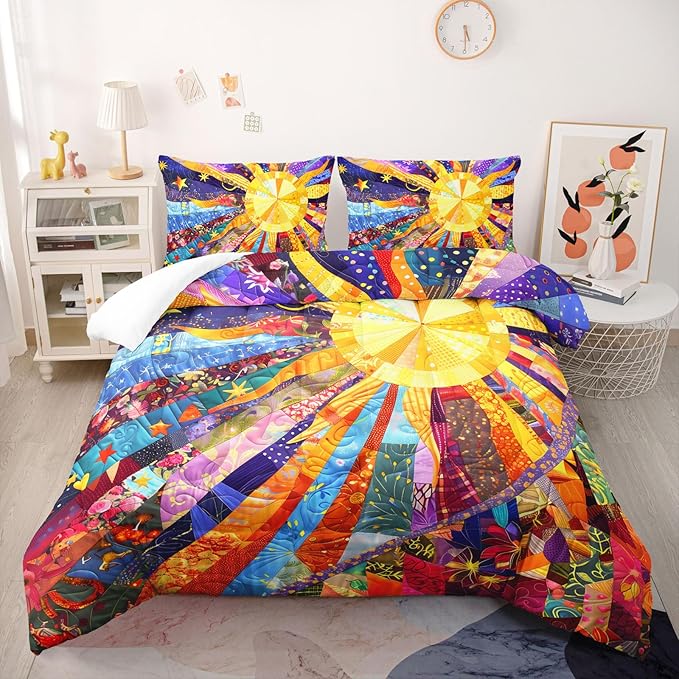 Sun Boho Comforter Set Full Size 3 Pieces Bed in a Bag,Color Wildflower Garden Floral Bedding Set for Boys Girls Women, Floral Aesthetic Rustic Farmhouse Botanical Bedroom with 2 Pillow Covers