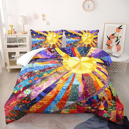 Sun Boho Comforter Set Twin Size 3 Pieces Bed in a Bag,Color Wildflower Garden Floral Bedding Set for Boys Girls Women, Floral Aesthetic Rustic Farmhouse Botanical Bedroom with 2 Pillow Covers