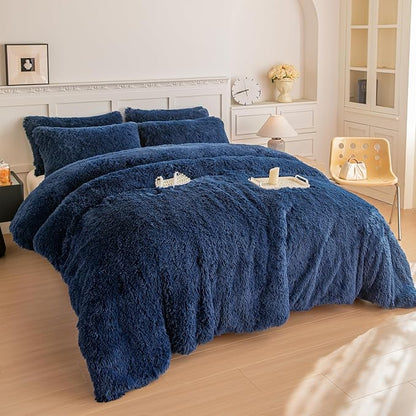 chovy Faux Fur Plush Royal Blue Comforter Sets King - Ultra Soft Shaggy Flannel Velvet Fluffy Fuzzy 3PC Bedding Set (Comforter x 1 Pillowcases x 2)