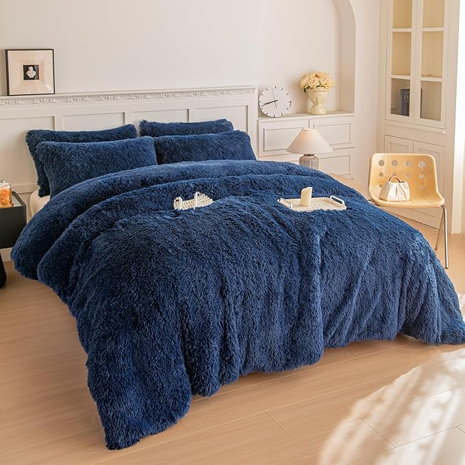 chovy Faux Fur Plush Royal Blue Comforter Sets Twin/Full Size - Ultra Soft Shaggy Flannel Velvet Fluffy Fuzzy 3PC Bedding Set （Comforter x 1 Pillowcases x 2）