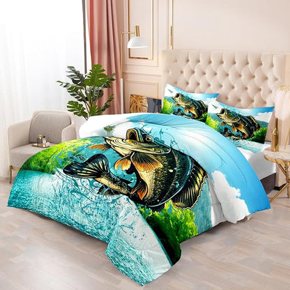 LUVIVIHOME 2PCS Fishing Comforter Set Twin Size, Bass Fish Bedding for Kids Boys, Lake Forest Wildlife Hunting Animal Country Rustic Farmhouse Bedroom Decor, Soft Microfiber Quilt, 1 Pillow Sham