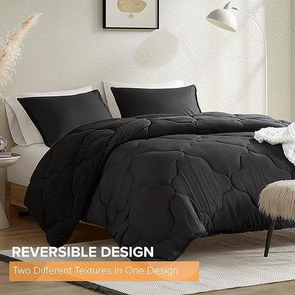 Comfort Spaces Comforter Set, Chic Reversible Quatrefoil Quilting, Sherpa Comforters King, All Seasons, Lightweight Microfiber Bedding Set Matching Sham, Vixie, King Black/Black 3 Piece