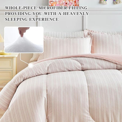 Joyreap 3pcs Cotton Comforter Set King, Blush Pink Stripes Design for Girls, Soft Cozy Lightweight Bedding Comforter Set for All Seasons- 100x88 inches