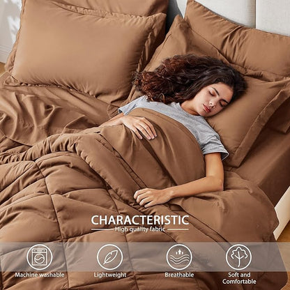 Love's cabin King Size Comforter Set Mocha Mousse, 7 Pieces King Bed in a Bag, All Season Bedding Sets with 1 Comforter, 1 Flat Sheet, 1 Fitted Sheet, 2 Pillowcase and 2 Pillow Sham