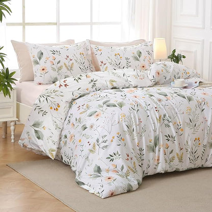 MUXHOMO Garden Leaves Bed in a Bag Queen 7 Pieces, Queen Comforter Set Reversible Botanical Flowers Design, Ultra Soft & Breathable Bedding Sets with Comforter, Sheets, Pillowcases & Shams