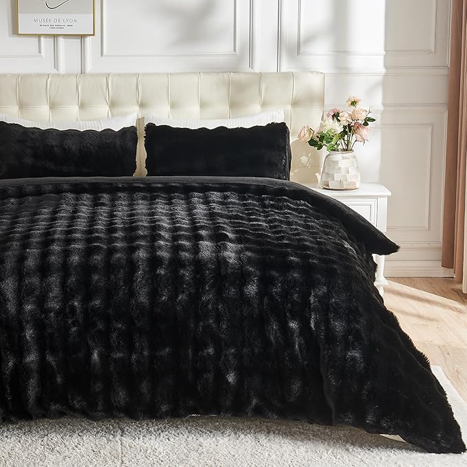 Lotus Karen Faux Fur Full Comforter Set, Black Fluffy Big Bubble Faux Rabbit Fur Winter Comforter Sets, Warm Cozy Fuzzy Bed Set 3 Pieces, 1 Comforter and 2 Pillowcases