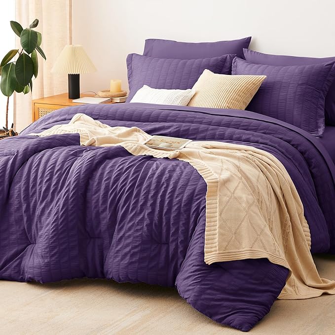 CozyLux King Size Comforter Set Purple Seersucker 7 Pieces Bed in a Bag King Comforter Set with Sheets, Luxury Soft Bedding Set with Down Alternative Comforter, Sheets, Pillowcases & Shams All Seasons