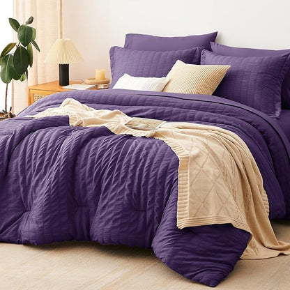 CozyLux King Size Comforter Set Purple Seersucker 7 Pieces Bed in a Bag King Comforter Set with Sheets, Luxury Soft Bedding Set with Down Alternative Comforter, Sheets, Pillowcases & Shams All Seasons