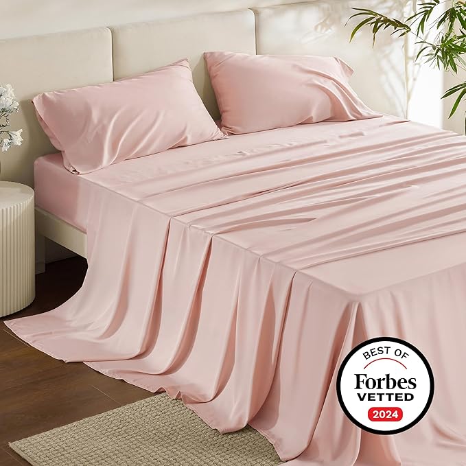Bedsure Queen Sheet Set, Rayon Derived from Bamboo, Cooling Sheets, Breathable & Soft, Deep Pocket Up to 16 Inches, Hotel Luxury Silky Bedding for Hot Sleepers, Pink