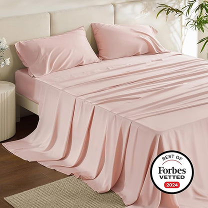 Bedsure Queen Sheet Set, Rayon Derived from Bamboo, Cooling Sheets, Breathable & Soft, Deep Pocket Up to 16 Inches, Hotel Luxury Silky Bedding for Hot Sleepers, Pink