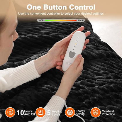 Electric Blanket Twin Heated Blanket 62"x84" Striped Flannel & Thick Sherpa, 5 Heat Settings & 10 Hour Auto Off with FCC/ETL Certified, Overheat Protection & Machine Washable, Charcoal Grey