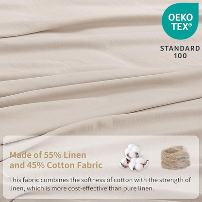 Simple&Opulence Belgian Linen Sheet Set Solid Color - 5 Pieces (1 Flat Sheet, 2 Fitted Sheets & 2 Pillowcases) Natural Flax Cotton Blend Soft Breathable Farmhouse Bedding - Split King Size, Linen