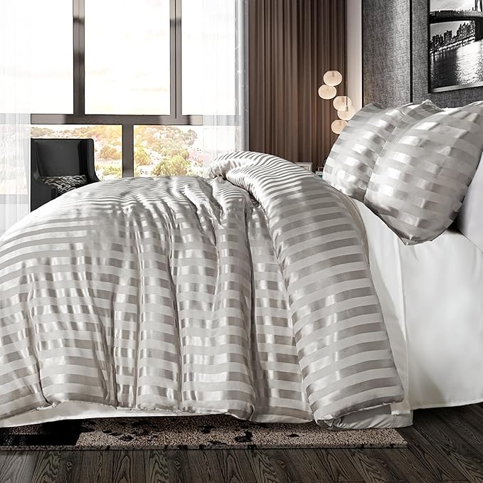 Whale Flotilla 3-Piece Reversible Silky Soft King Size Comforter Set, Luxury Stripe Satin Oversized Comforter Bedding Set with 2 Satin Pillowcases, Lightweight Duvet for All Seasons, Grey