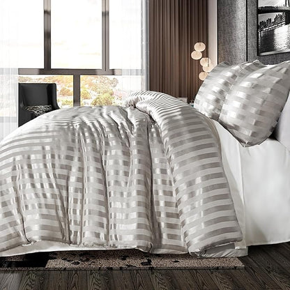 Whale Flotilla 3-Piece Reversible Silky Soft King Size Comforter Set, Luxury Stripe Satin Oversized Comforter Bedding Set with 2 Satin Pillowcases, Lightweight Duvet for All Seasons, Grey