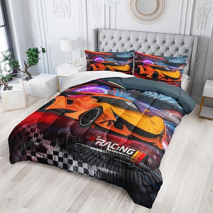Racing Cars Comforter Sets Queen,Bedding Sets for Kids,Sports Car Theme Comforter Sets All Season 1 Comforter and 2 Pillowcases