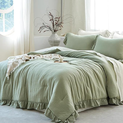Sage Green Ruffle Comforter Set Twin, Pre-Washed Shabby Chic Bedding Set, Lightweight Cottagecore Soft Romantic Cozy 1 Comforter & 1 Sham, All-Season