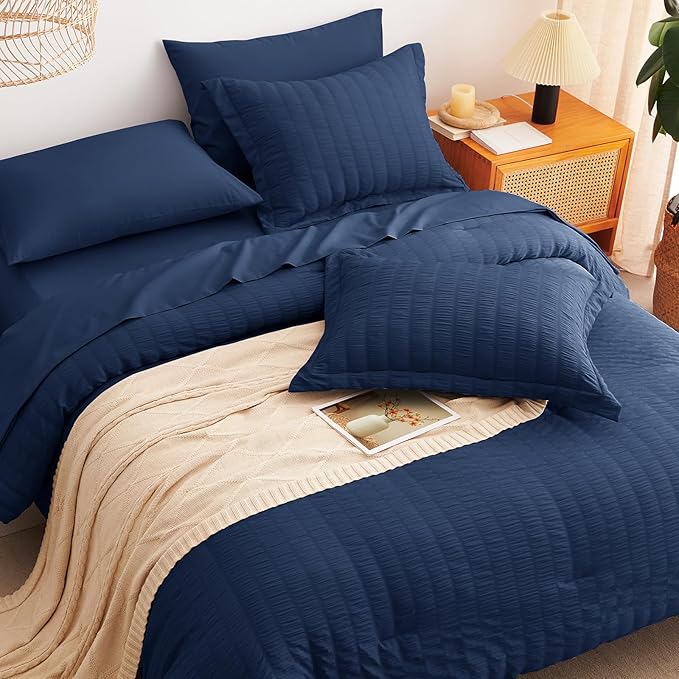 CozyLux Oversized Queen Comforter Set Navy Blue Seersucker 7 Pieces Bed in a Bag Queen Comforter Set with Sheets, Luxury Soft Bedding Set with Down Alternative Comforter, Sheets, Pillowcases & Shams