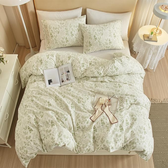 mixinni 3pcs Floral Comforter Set Full Size, Boho Green Flowers Leaves Cute Bedding Comforter Sets for Women, 1 Soft Fluffy Botanical Comforter and 2 Pillowcases for All Seasons