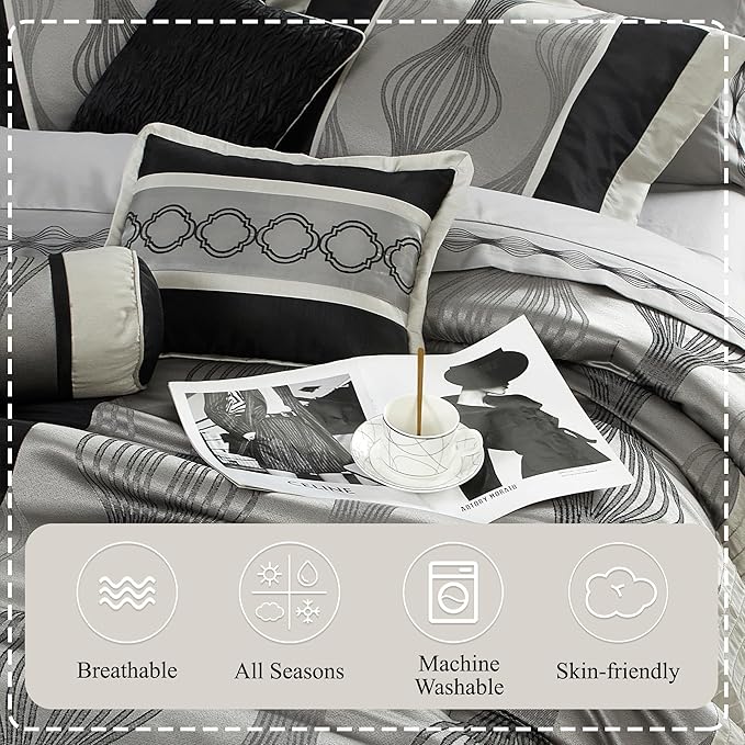 Stratford Park Black and Silver Comforter Set California King Size,Elegant 7 Pieces Striped All Season Bedding Set
