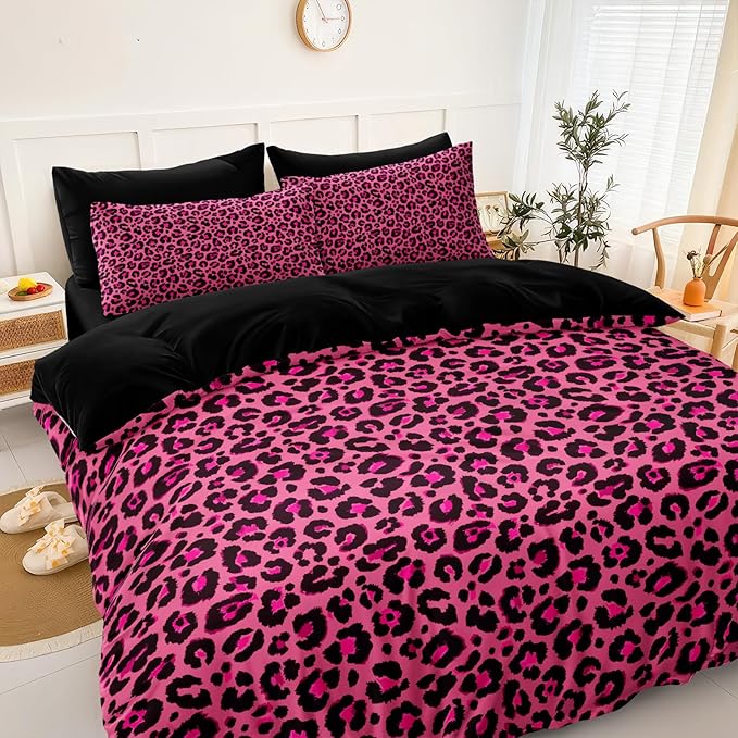 Leopard Print Comforter Queen Black and Pink Bedding Sets 8 Pcs Hot Pink Cheetah Animal Print Texture Wild Leopard Bed in A Bag with Comforter and Sheet Set