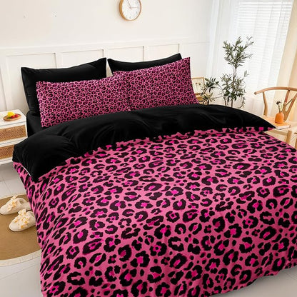 Leopard Print Comforter Queen Black and Pink Bedding Sets 8 Pcs Hot Pink Cheetah Animal Print Texture Wild Leopard Bed in A Bag with Comforter and Sheet Set