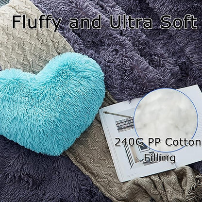 MorroMorn Fluffy Heart Throw Pillows, Shaggy Decorative Pillow for Sofa Couch Bed, Cute Room Decor Decorations for Women Girls Kids (Aqua)