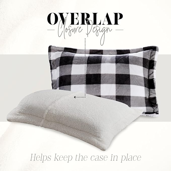 Elegant Comfort 3-Piece Buffalo Lodge-Plaid Comforter Set, Luxurious, Heavyweight, All Season, Down Alternative-Micromink Sherpa-Backing Reversible Micro-Suede, Soft and Plush, Full, Black/White