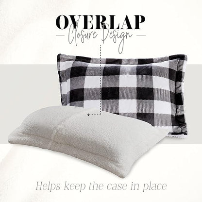 Elegant Comfort 3-Piece Buffalo Lodge-Plaid Comforter Set, Luxurious, Heavyweight, All Season, Down Alternative-Micromink Sherpa-Backing Reversible Micro-Suede, Soft and Plush, Full, Black/White