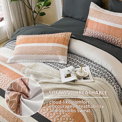 DJY King Size Comforter Set,Boho Striped Bedding Sets,7 Piece Orange Patchwork Soft Microfiber Comforter Set for All Season(90"×90")