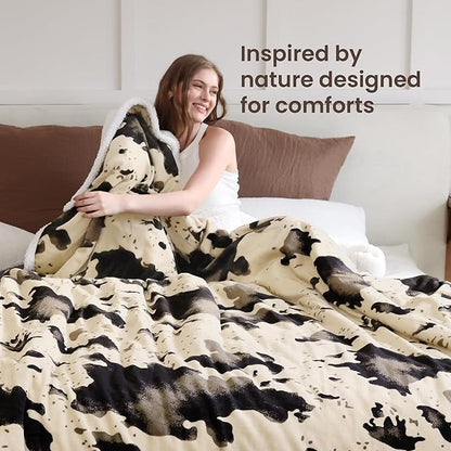 Cow Print Heated Electric Blanket King Size-Dual Control Heating Blanket King Size with 10 Heat Levels & 10 Hours Auto-Off, Cozy Soft Fleece Sherpa, Washable, 90x100 Inche Light Brown