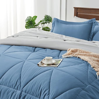 BEDELITE King Size Comforter Set 7 Pieces Bed in A Bag - Soft Microfiber Reversible Blue Bed Set with Comforters, Sheets, Pillowcases & Shams, Cozy Luxury Bedding Sets for All Season