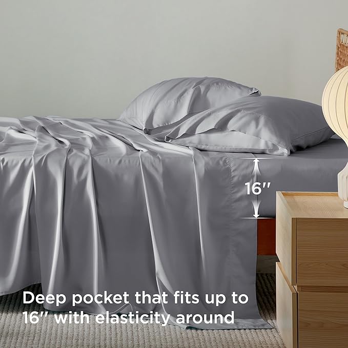 Bedsure Full Size Bed Sheets, Cooling Sheets, Rayon Derived from Bamboo, Breathable & Soft, Deep Pocket Up to 16 Inches, Hotel Luxury Silky Bedding for Hot Sleepers, Silver Grey