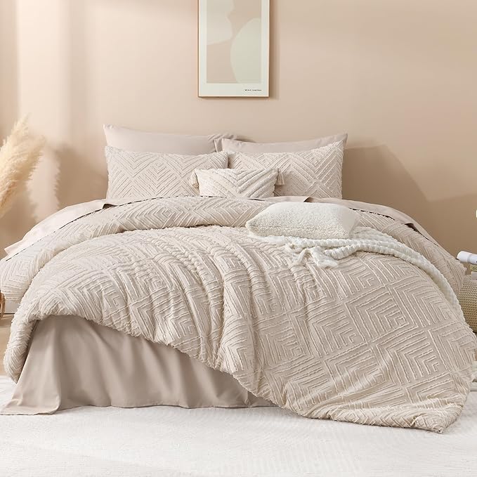 Andency Khaki Comforter Full Size, 3 Pieces Boho Lightweight Fluffy Bedding Comforter Set for Full Bed, Tufted Farmhouse Soft Warm Bed Set for All Seasons (1 Comforter 79x90In, 2 Pillowcases)