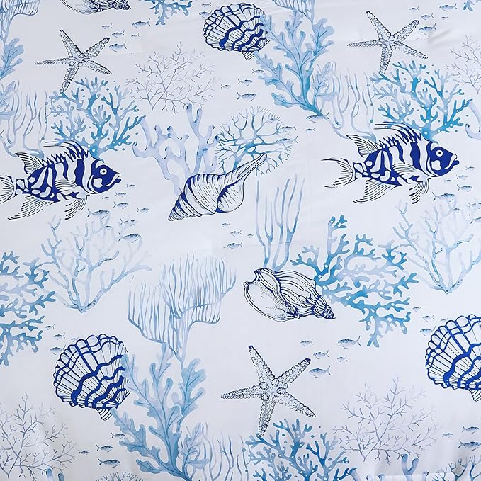 WONGS BEDDING Coastal Queen Size Comforter,7 Pieces Beach Nautical Themed Bed in a Bag Bedding Set,Ocean Coral Starfish Pattern Soft Comforters for All Season, 90"x90"