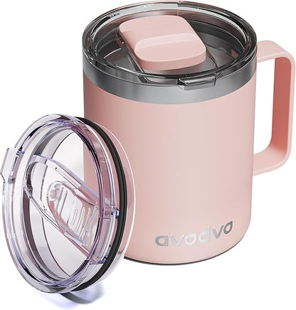 12oz Insulated Coffee Mug with Lid – Includes Two Lids, Stainless Steel Coffee Travel Mug with Handle, Double Wall Vacuum Insulated Camping Mug for Home, Office & Outdoor, Light Pink