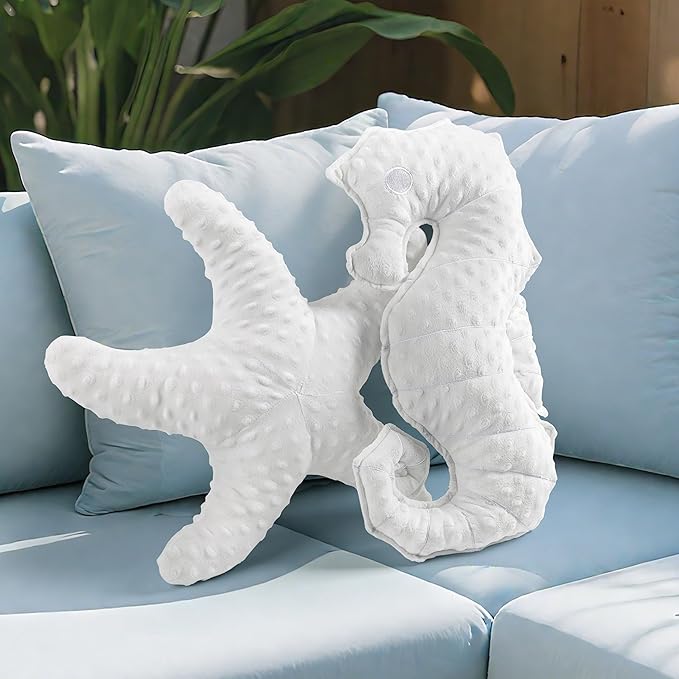 AELS Coastal Throw Pillows Set of 2, Starfish Seahors Pillows, Beach Ocean Nautical Themed Smooth Soft Minky Decorative Throw Pillows, Cute Pillow for Couch Sofa Bed Living Room Bedroom Nursery, White