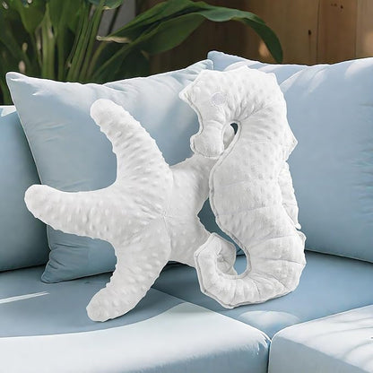 AELS Coastal Throw Pillows Set of 2, Starfish Seahors Pillows, Beach Ocean Nautical Themed Smooth Soft Minky Decorative Throw Pillows, Cute Pillow for Couch Sofa Bed Living Room Bedroom Nursery, White